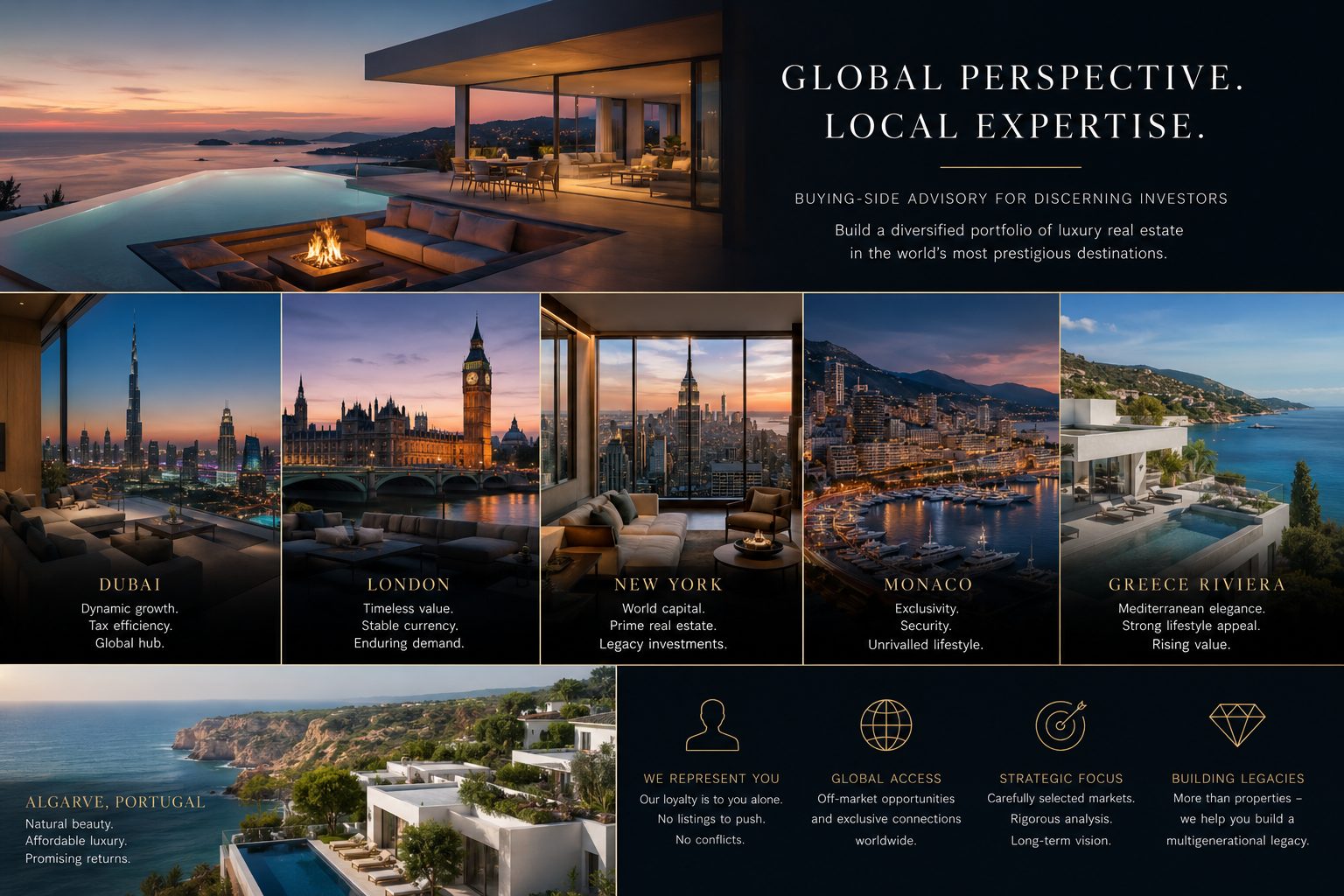 Global Perspective, Local Expertise — Consortia buying-side advisory across Dubai, London, New York, Monaco, the Greece Riviera and the Algarve, Portugal